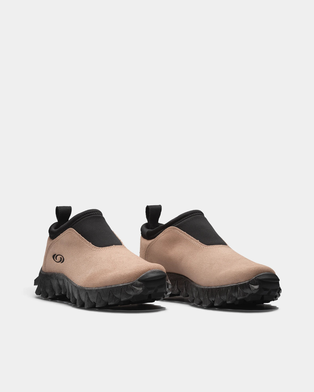 Salomon Snowclog OG Shoes in Safari/Black/Black, both shoes from a three-quarter front angle, showing the sand-coloured slip-on upper with a black collar and a black lugged sole