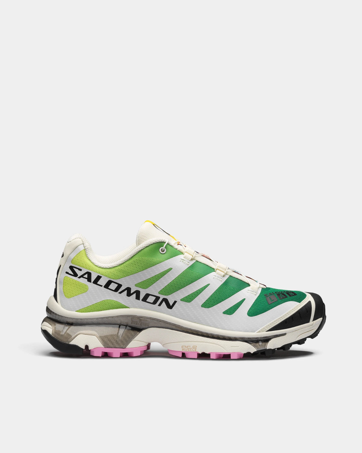 Salomon XT-4 OG Shoes in Vanilla Ice/Acid Lime/Pink Frosting, right shoe in side profile, showing the off-white and green mesh upper with pink accents on a chunky sole