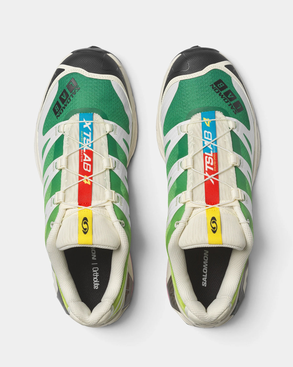Salomon XT-4 OG Shoes in Vanilla Ice/Acid Lime/Pink Frosting, both shoes from above, showing the off-white and green mesh upper with pink accents on a chunky sole