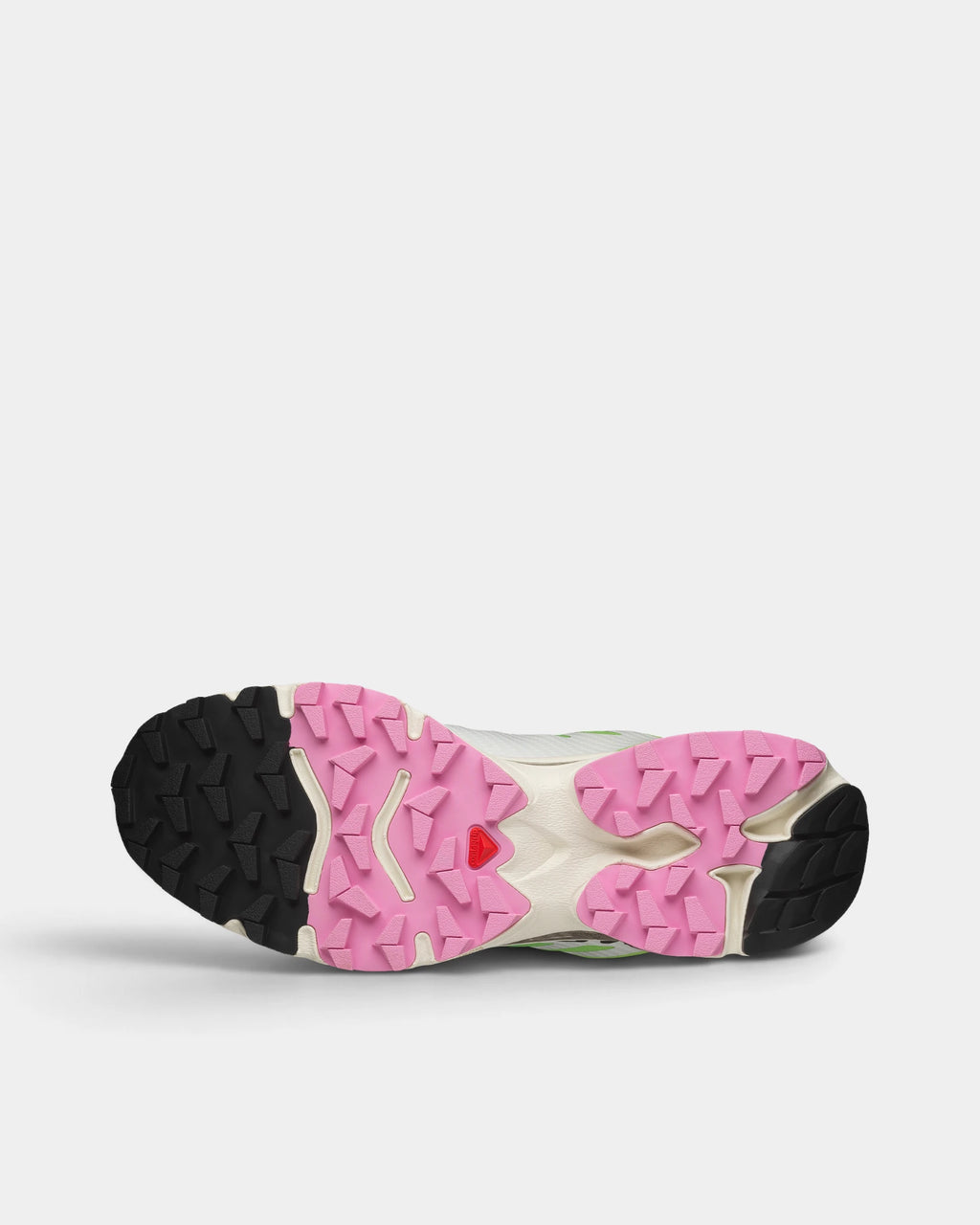 Salomon XT-4 OG Shoes in Vanilla Ice/Acid Lime/Pink Frosting, the outsole, tread facing the camera
