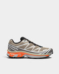 Salomon XT-6 Shoes in Silver Sage/Cloudburst/Dragon Fire, right shoe in side profile, showing the sand and silver mesh upper with white overlays on a grey and orange sole
