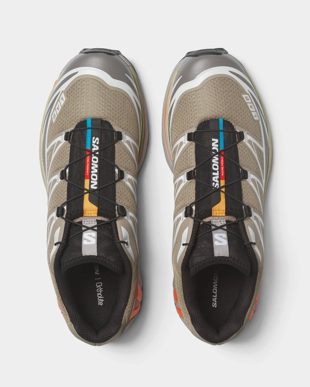 Salomon XT-6 Shoes in Silver Sage/Cloudburst/Dragon Fire, both shoes from above, showing the sand and silver mesh upper with white overlays on a grey and orange sole