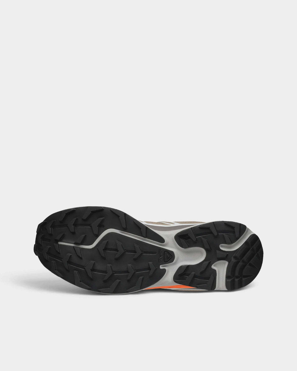 Salomon XT-6 Shoes in Silver Sage/Cloudburst/Dragon Fire, the outsole, tread facing the camera