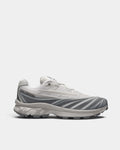 Salomon XT-EVO Shoes in Alloy/Castlerock/Footwear Silver, right shoe in side profile, showing the grey and silver layered upper on a grey sculpted sole