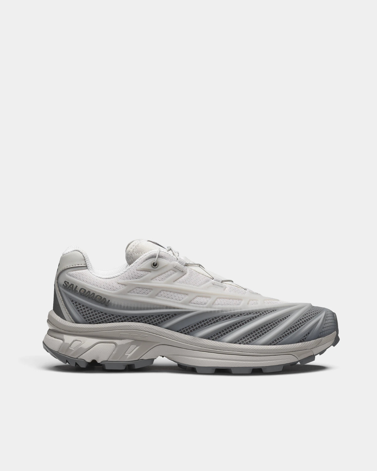 Salomon XT-EVO Shoes in Alloy/Castlerock/Footwear Silver, right shoe in side profile, showing the grey and silver layered upper on a grey sculpted sole