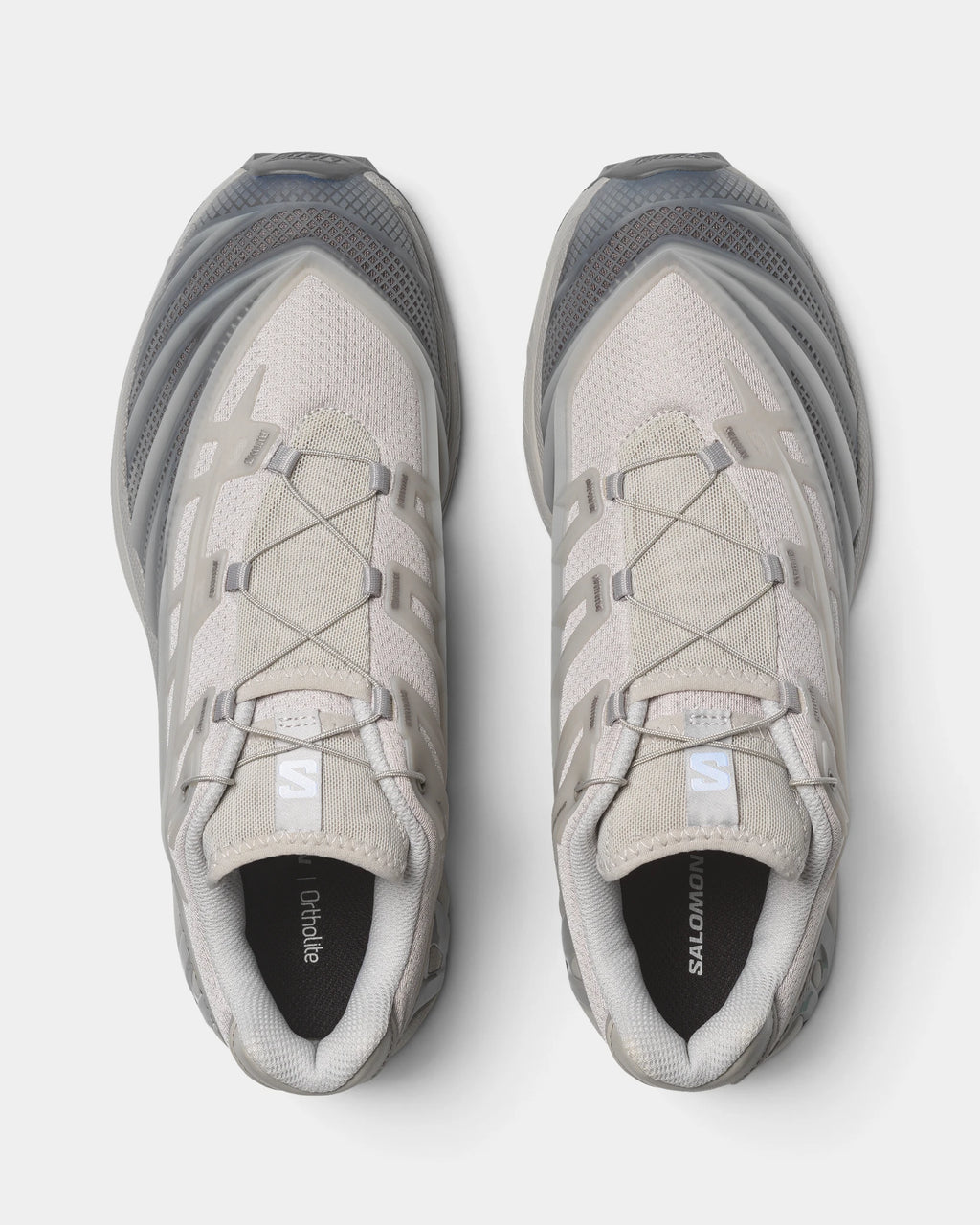 Salomon XT-EVO Shoes in Alloy/Castlerock/Footwear Silver, both shoes from above, showing the grey and silver layered upper on a grey sculpted sole