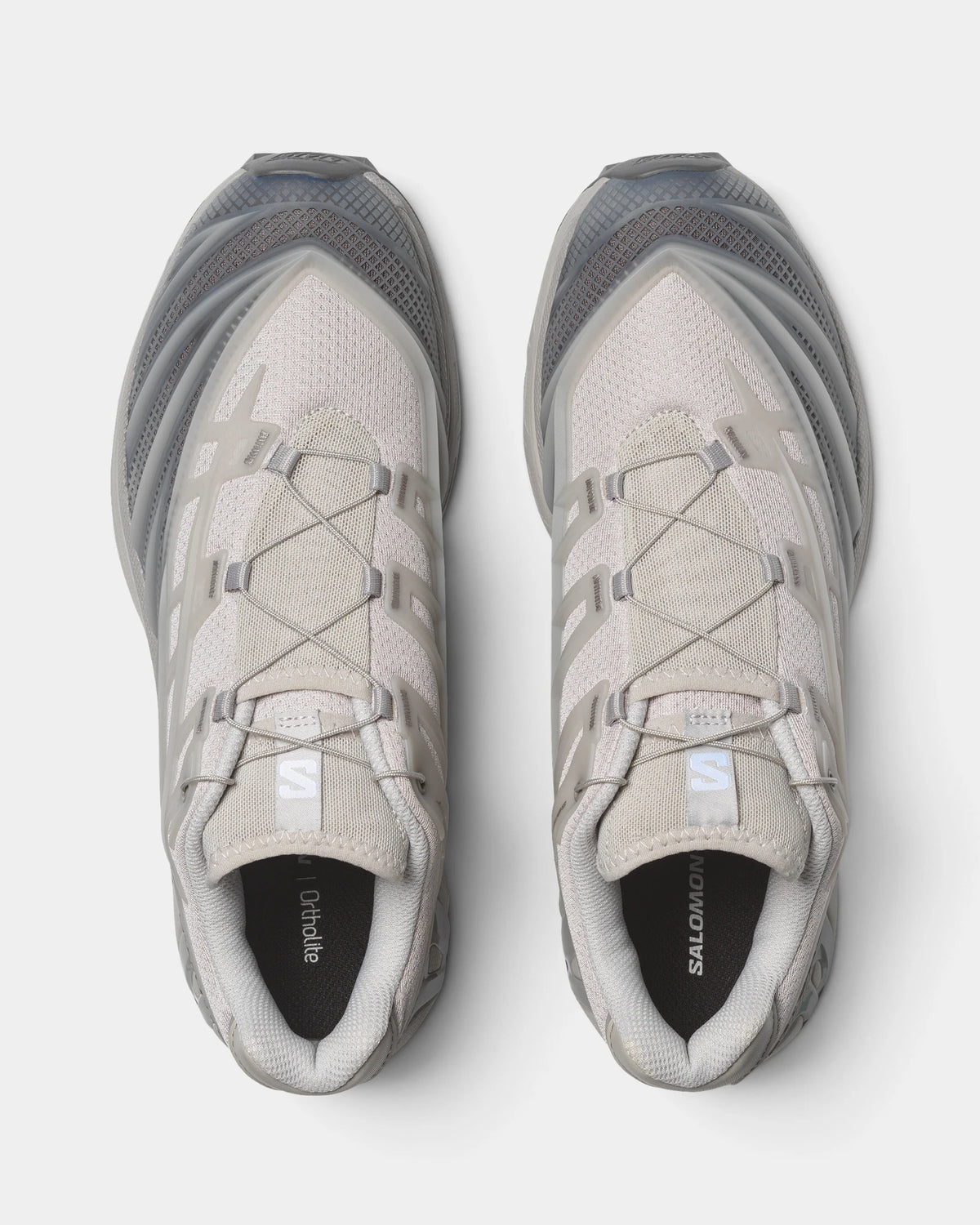 Salomon XT-EVO Shoes in Alloy/Castlerock/Footwear Silver, both shoes from above, showing the grey and silver layered upper on a grey sculpted sole