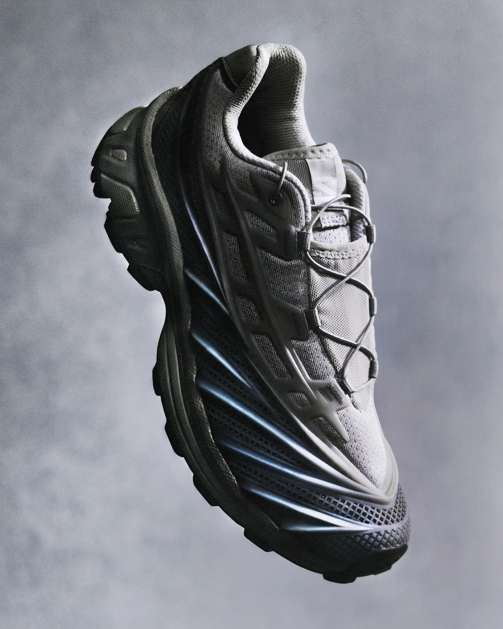 Salomon XT-EVO Shoes in Alloy/Castlerock/Footwear Silver, single shoe at a three-quarter angle, suspended against a grey studio backdrop