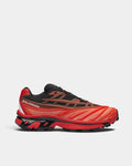 Salomon XT-EVO Shoes in Black/Fiery Red/White, right shoe in side profile, showing the black and red layered upper on a red and black sculpted sole