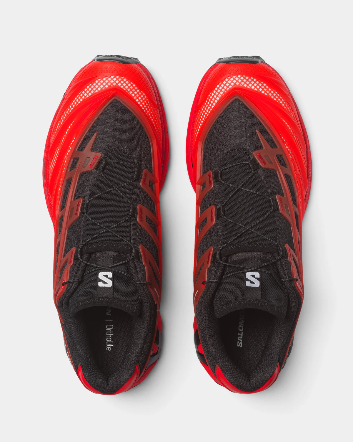 Salomon XT-EVO Shoes in Black/Fiery Red/White, both shoes from above, showing the black and red layered upper on a red and black sculpted sole