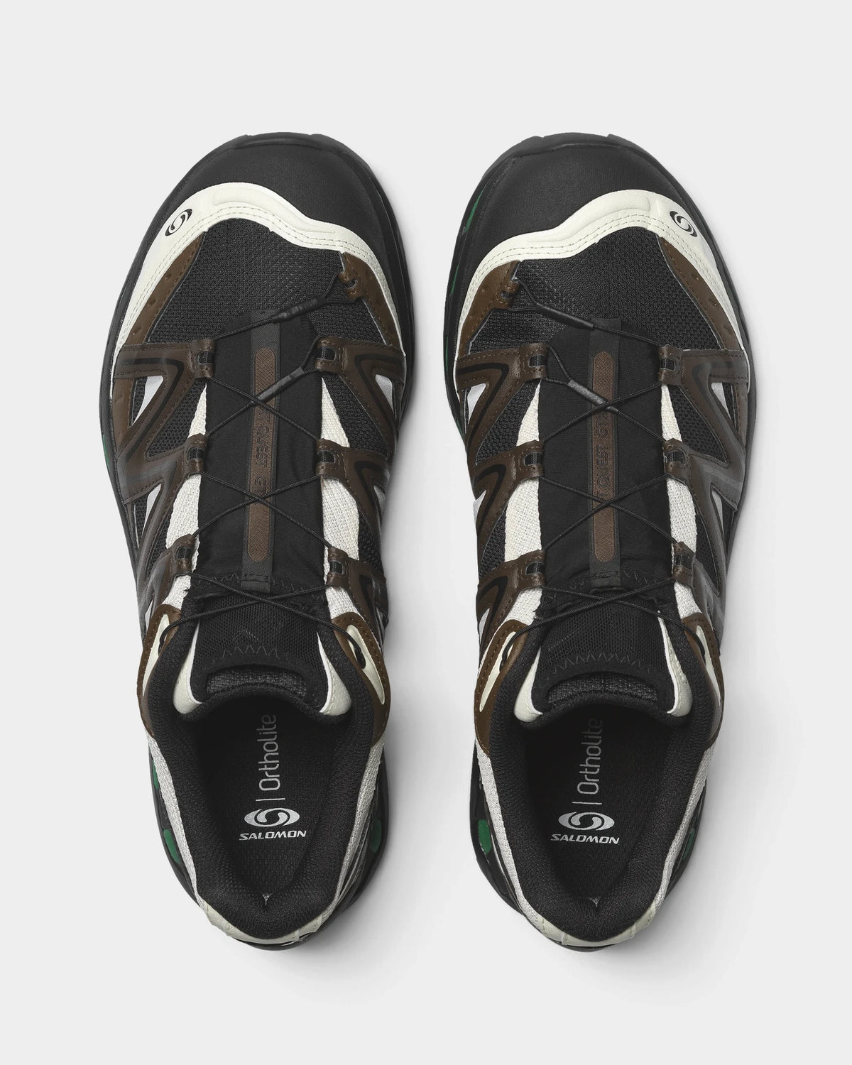 Salomon XT-Quest Gore-Tex Shoes in Black/Delicioso/Green Jacket, both shoes from above, showing the black and brown upper with off-white panels on a black sole with green accents