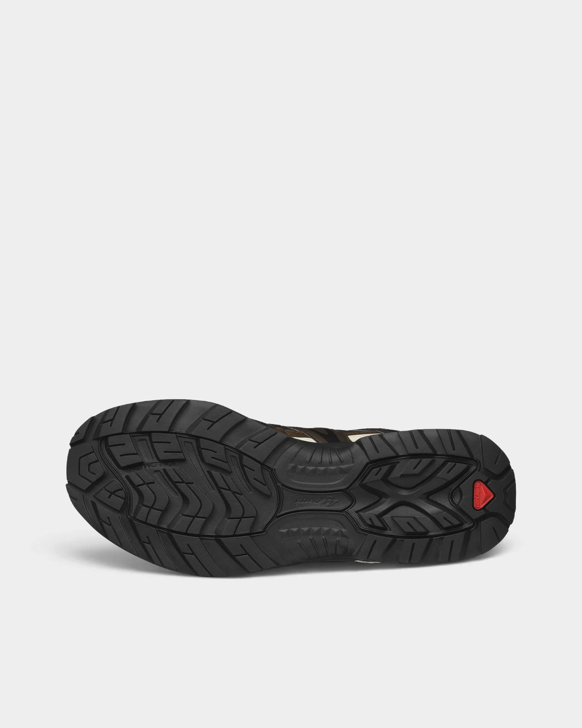 Salomon XT-Quest Gore-Tex Shoes in Black/Delicioso/Green Jacket, the outsole, tread facing the camera