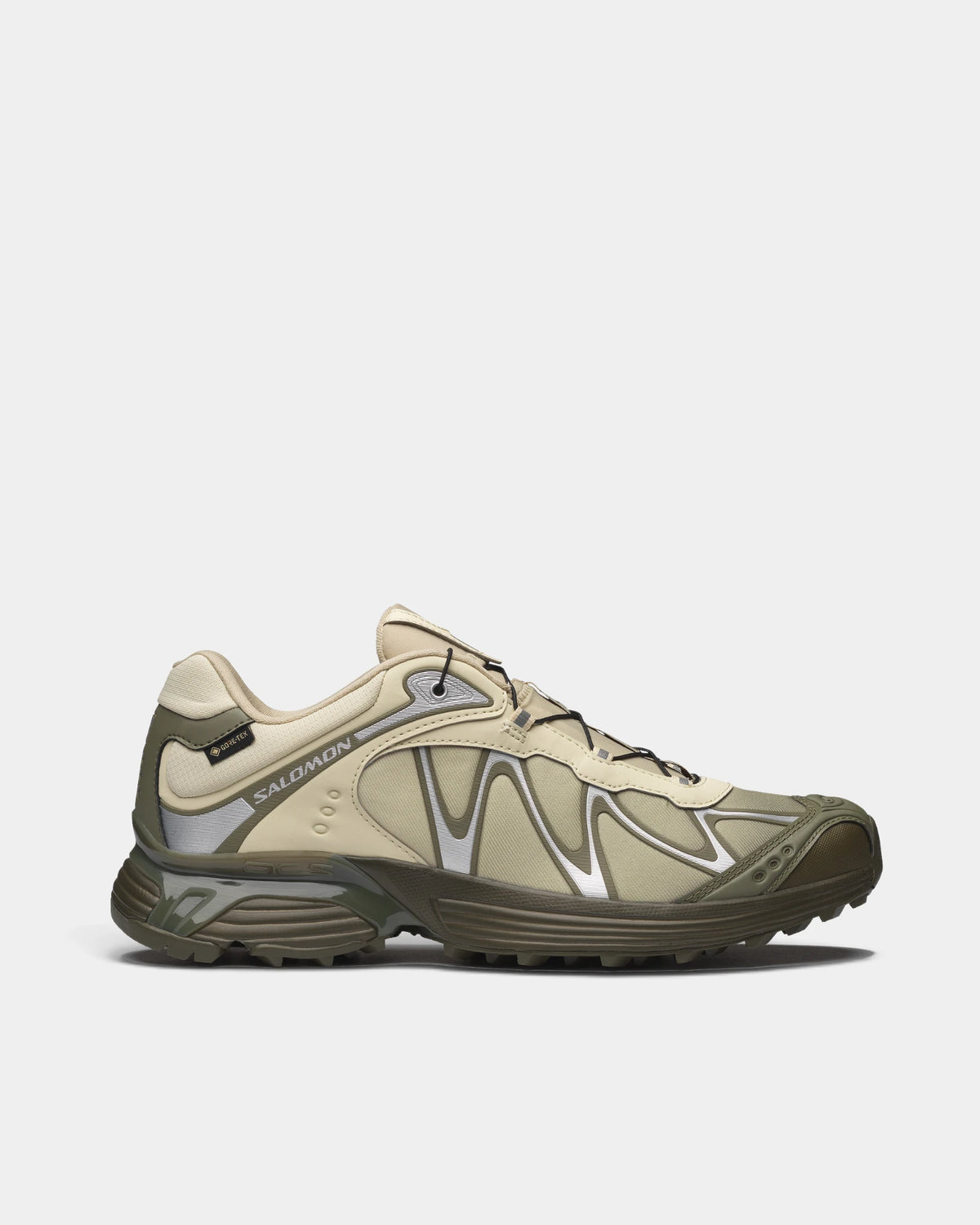 Salomon XT-Whisper Gore-Tex Shoes in Asparagus Green/Deep Lichen Green/Grape Leaf, right shoe in side profile, showing the pale and deep green Gore-Tex upper on a dark green sole