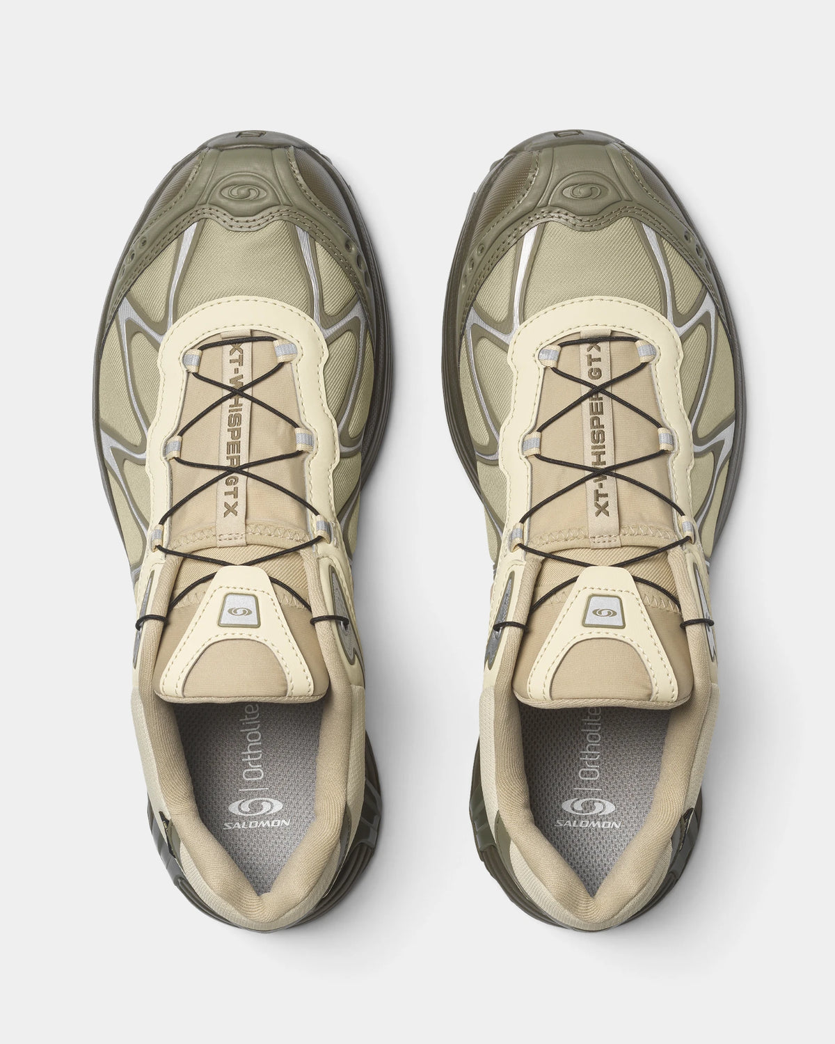 Salomon XT-Whisper Gore-Tex Shoes in Asparagus Green/Deep Lichen Green/Grape Leaf, both shoes from above, showing the pale and deep green Gore-Tex upper on a dark green sole