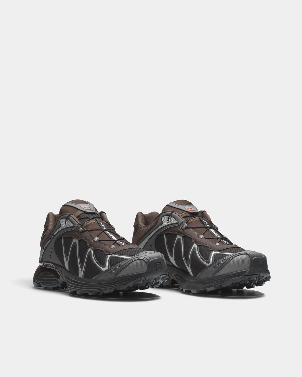 Salomon XT-Whisper Gore-Tex Shoes in Delicioso/Asphalt/Castlerock, both shoes from a three-quarter front angle, showing the dark brown and grey Gore-Tex upper on a black sole