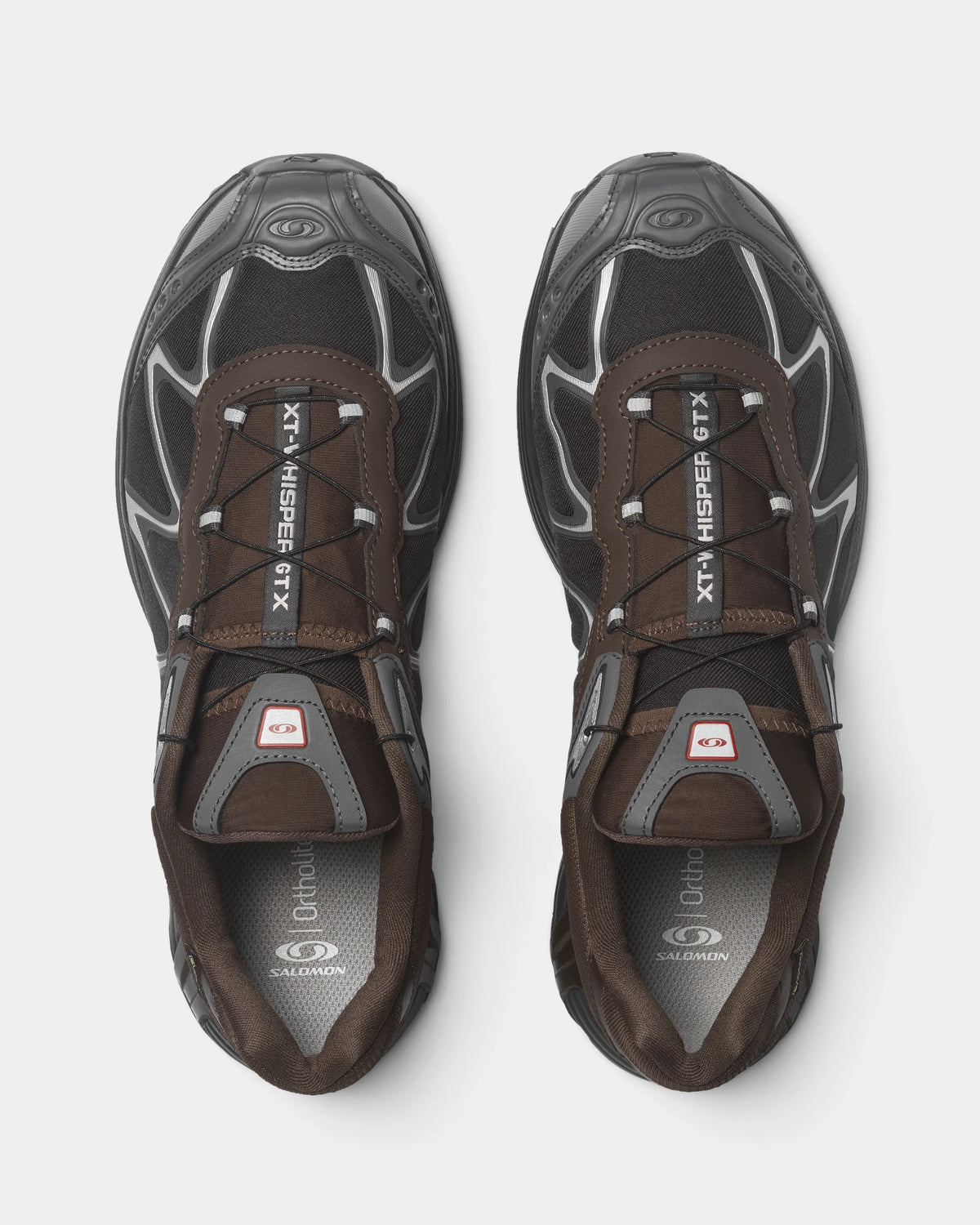 Salomon XT-Whisper Gore-Tex Shoes in Delicioso/Asphalt/Castlerock, both shoes from above, showing the dark brown and grey Gore-Tex upper on a black sole