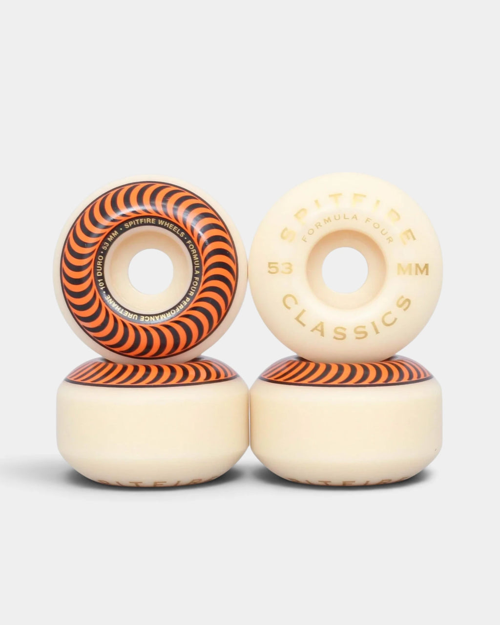 Lockwood Avenue Spitfire Formula Four Classic 101A 53mm skateboard wheels, four natural urethane wheels with the orange and black swirl graphic and gold Classics print
