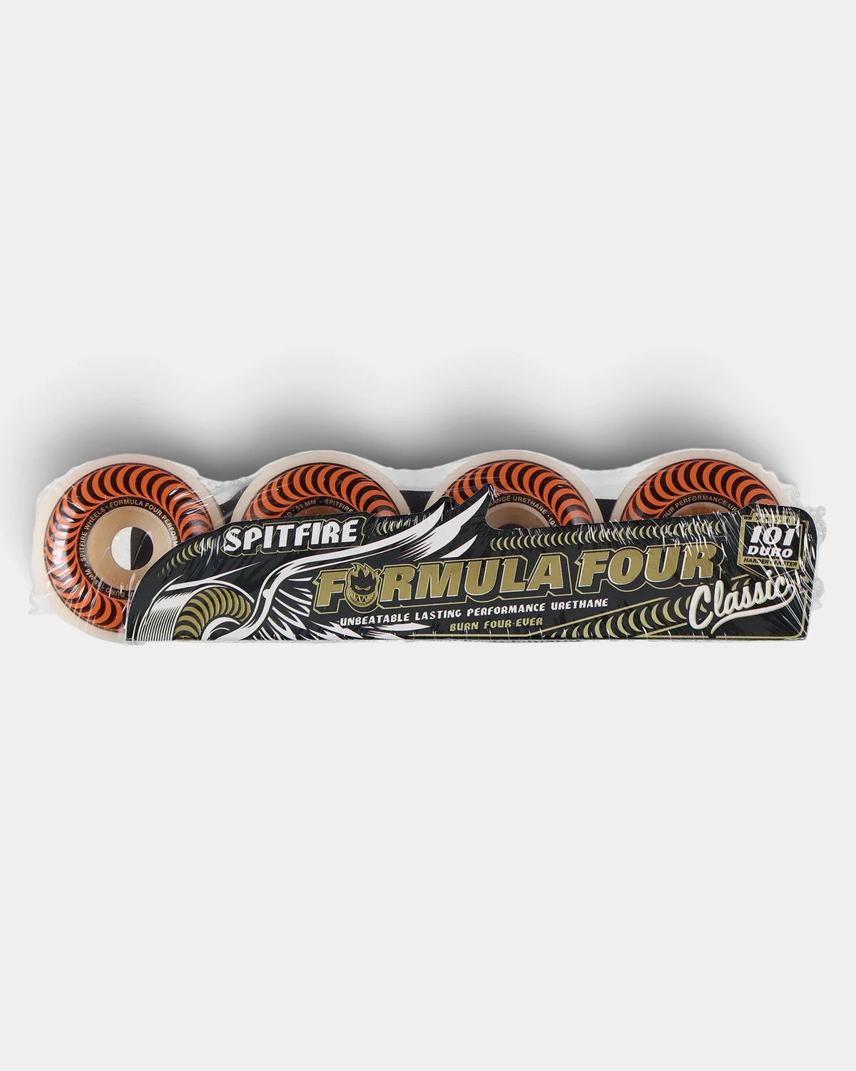 Lockwood Avenue Spitfire Formula Four Classic 101A 53mm skateboard wheels in the sealed four-pack with the gold and black Formula Four 101 Duro sleeve