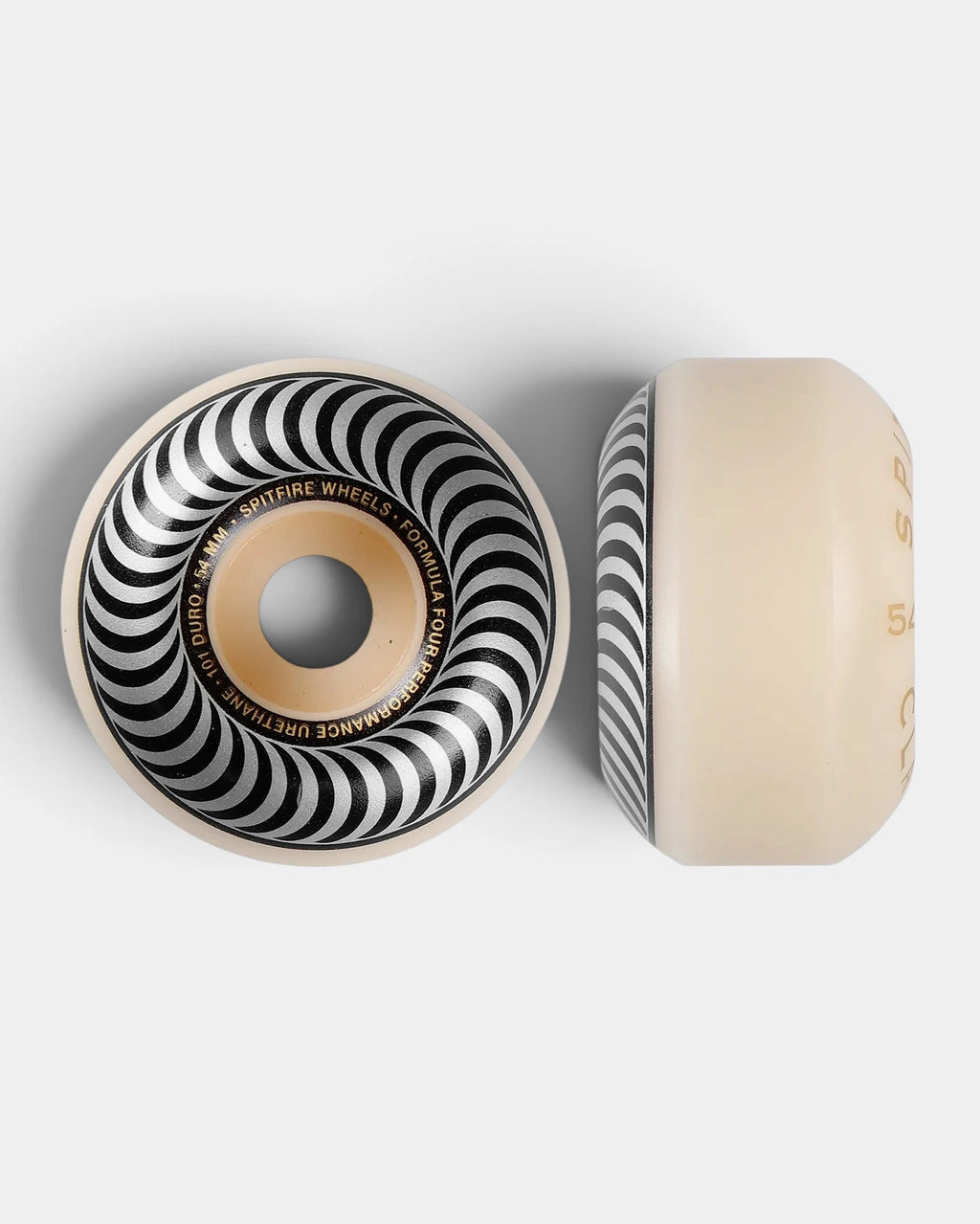 Spitfire Formula Four Classic wheel in natural urethane with a black and silver swirl print, face and side view