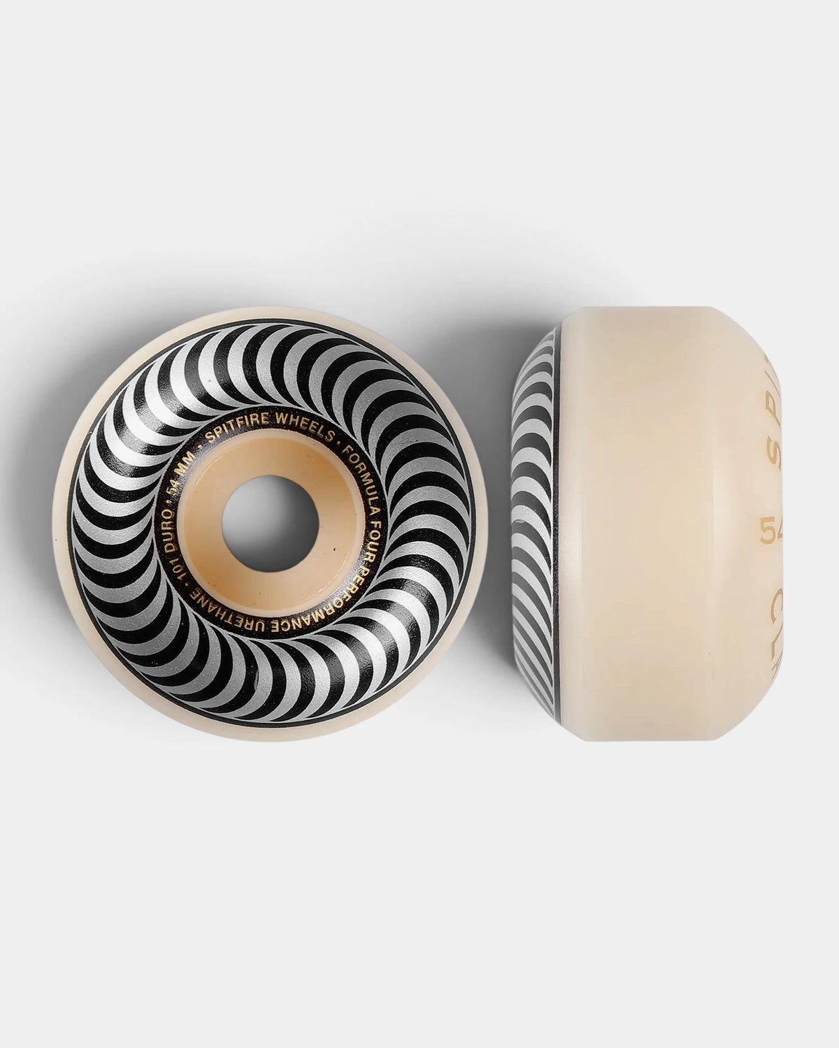 Spitfire Formula Four Classic wheel in natural urethane with a black and silver swirl print, face and side view