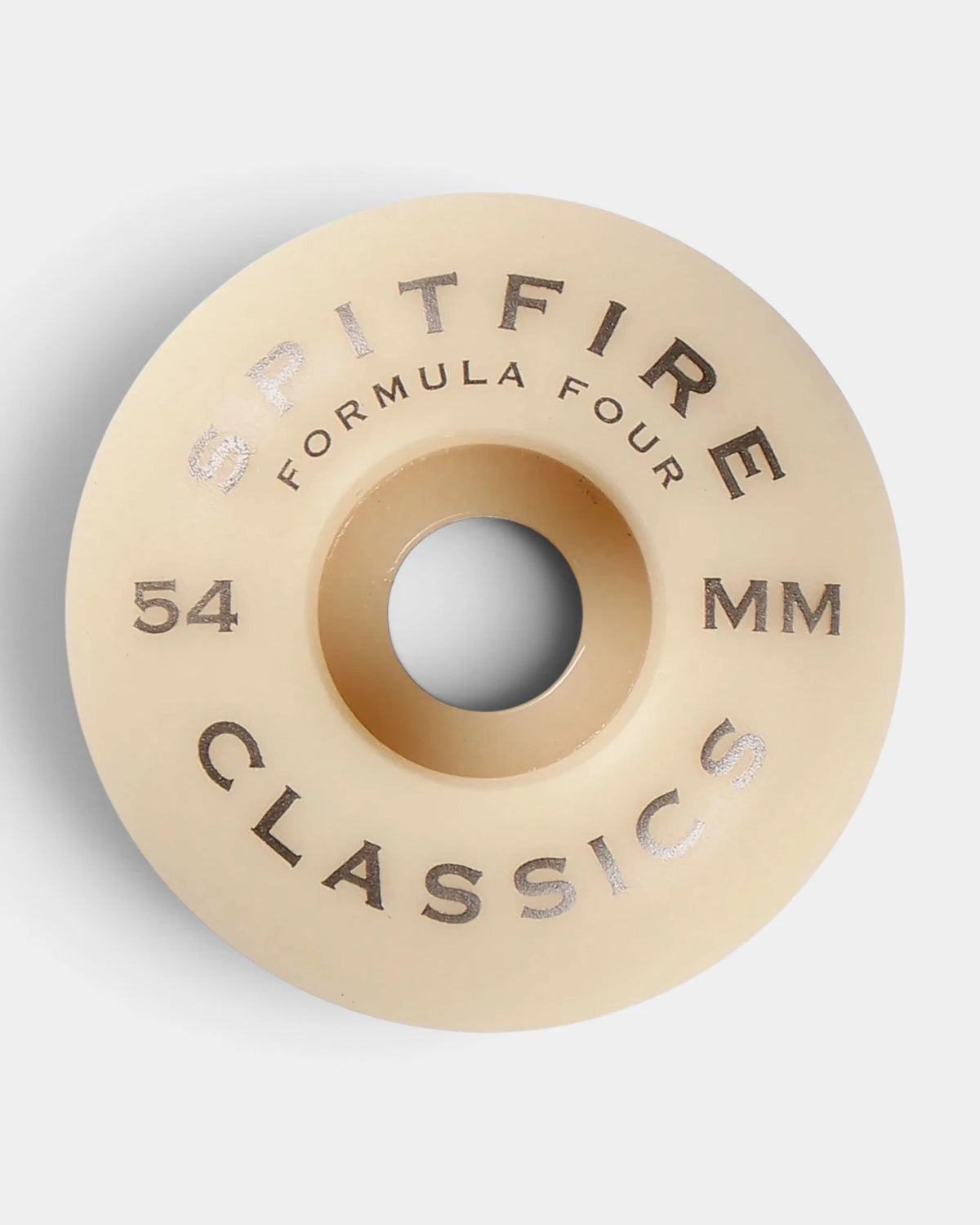 Back of a Spitfire Formula Four Classic wheel with the Spitfire Formula Four Classics lettering on natural urethane
