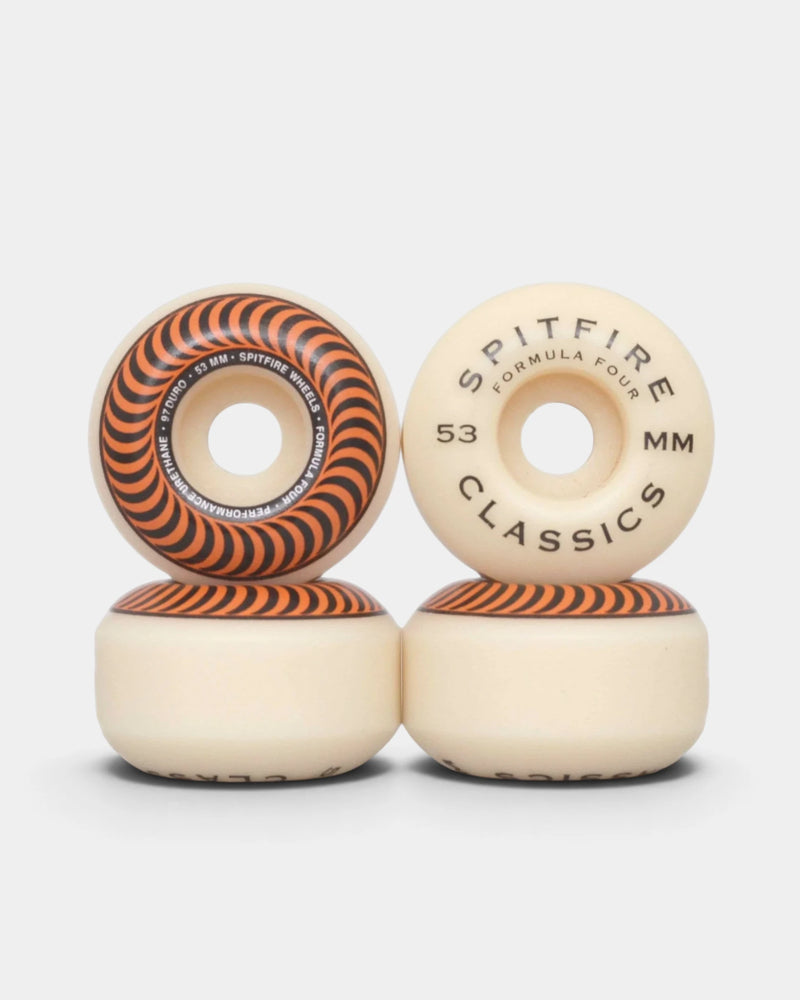 Lockwood Avenue Spitfire Formula Four Classic 97A 53mm skateboard wheels, four natural urethane wheels with the orange and black swirl graphic and black Classics print