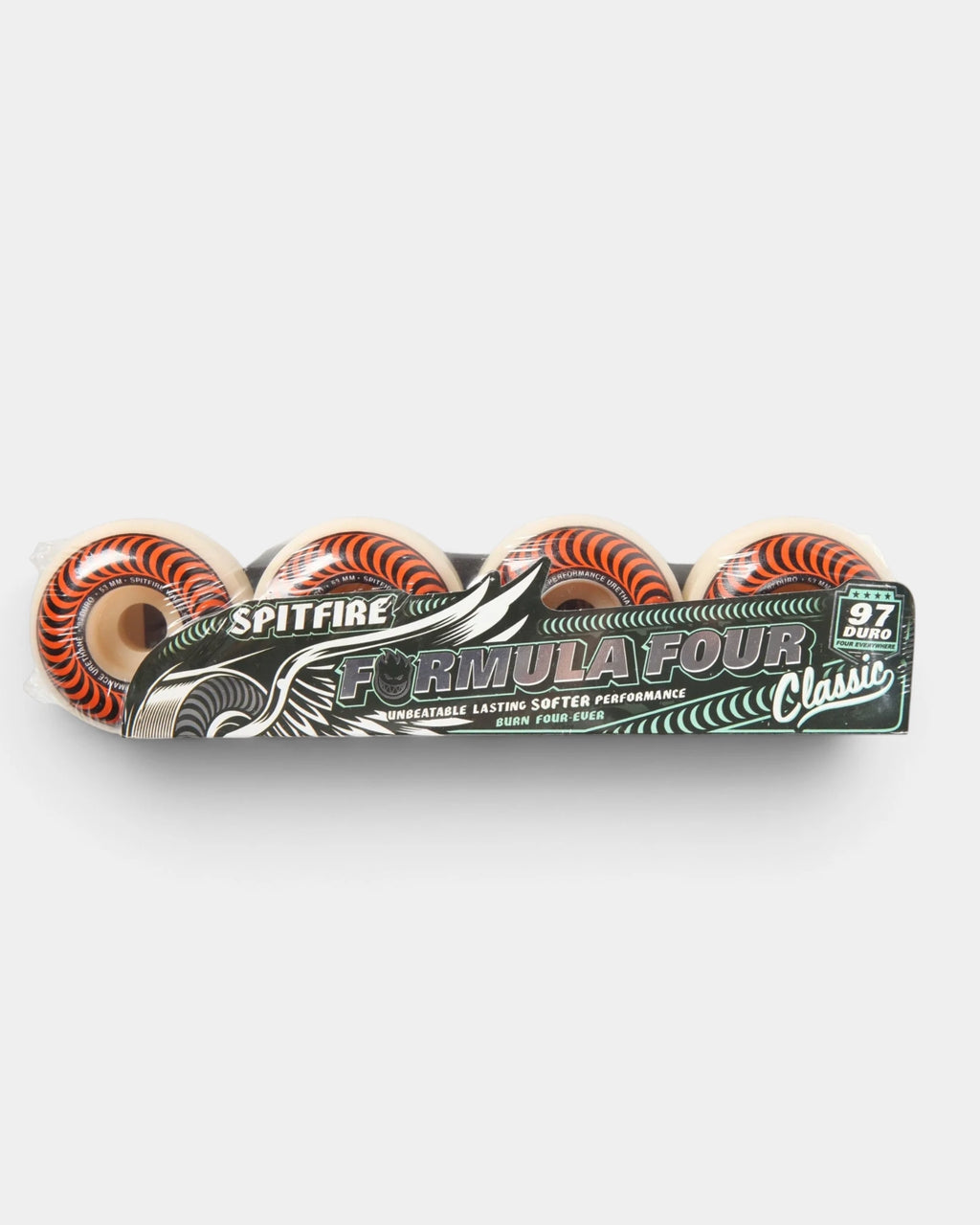 Lockwood Avenue Spitfire Formula Four Classic 97A 53mm skateboard wheels in the sealed four-pack with the green and black Formula Four 97 Duro sleeve