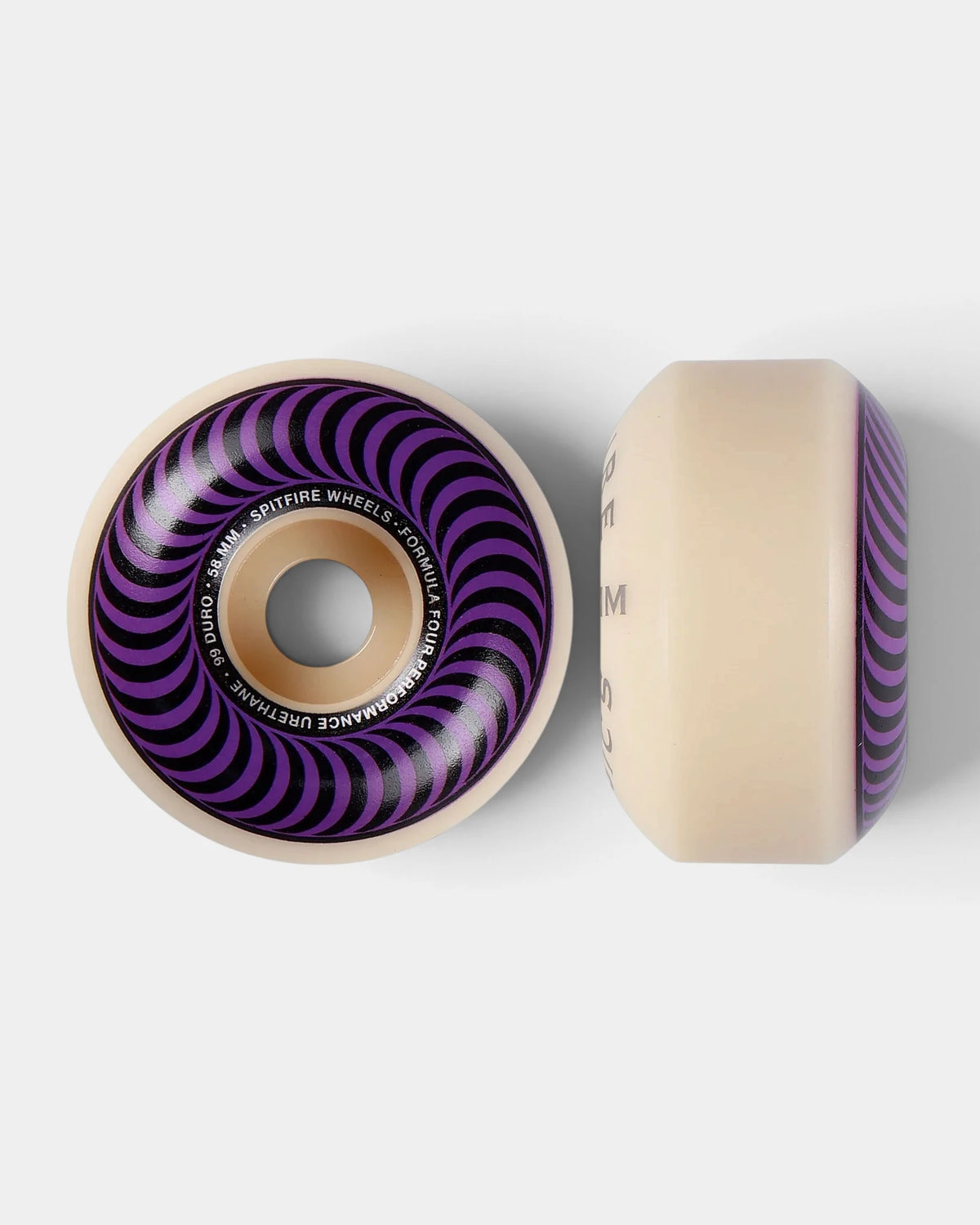 Spitfire Formula Four Classic wheel in natural urethane with a black and purple swirl print, face and side view