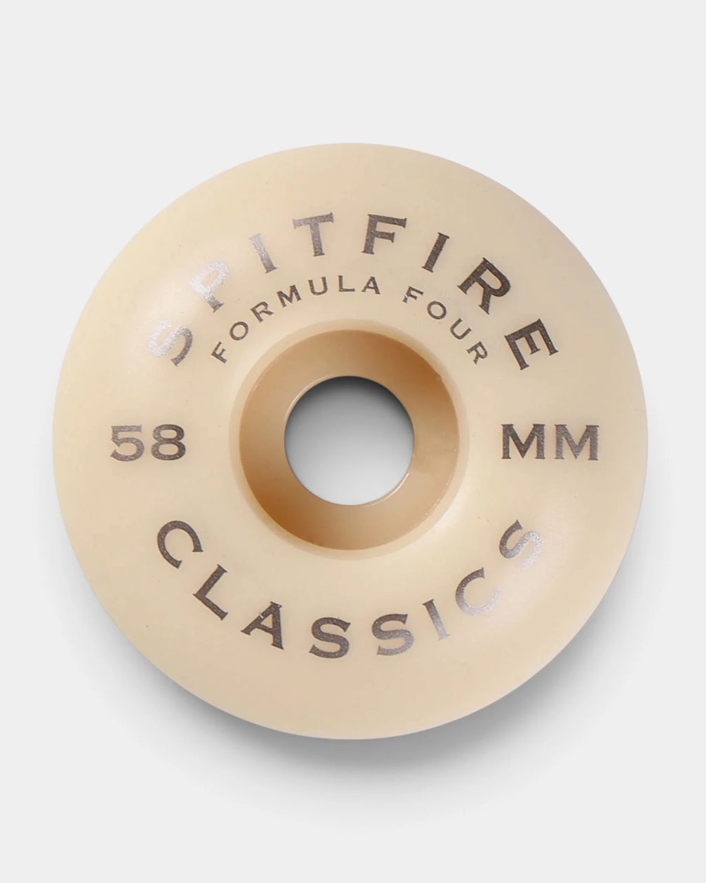 Back of a Spitfire Formula Four Classic wheel with the Spitfire Formula Four Classics lettering on natural urethane