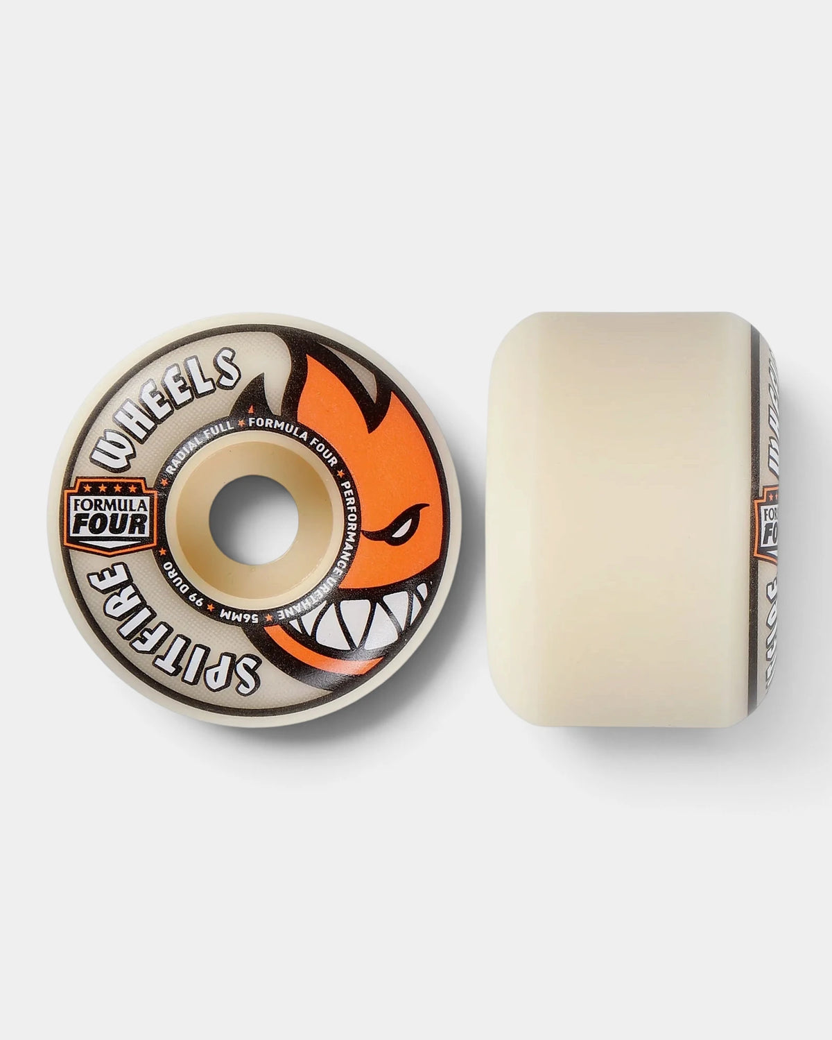 Spitfire Formula Four Radial Full wheel in natural urethane with the orange flame head logo, face and side view