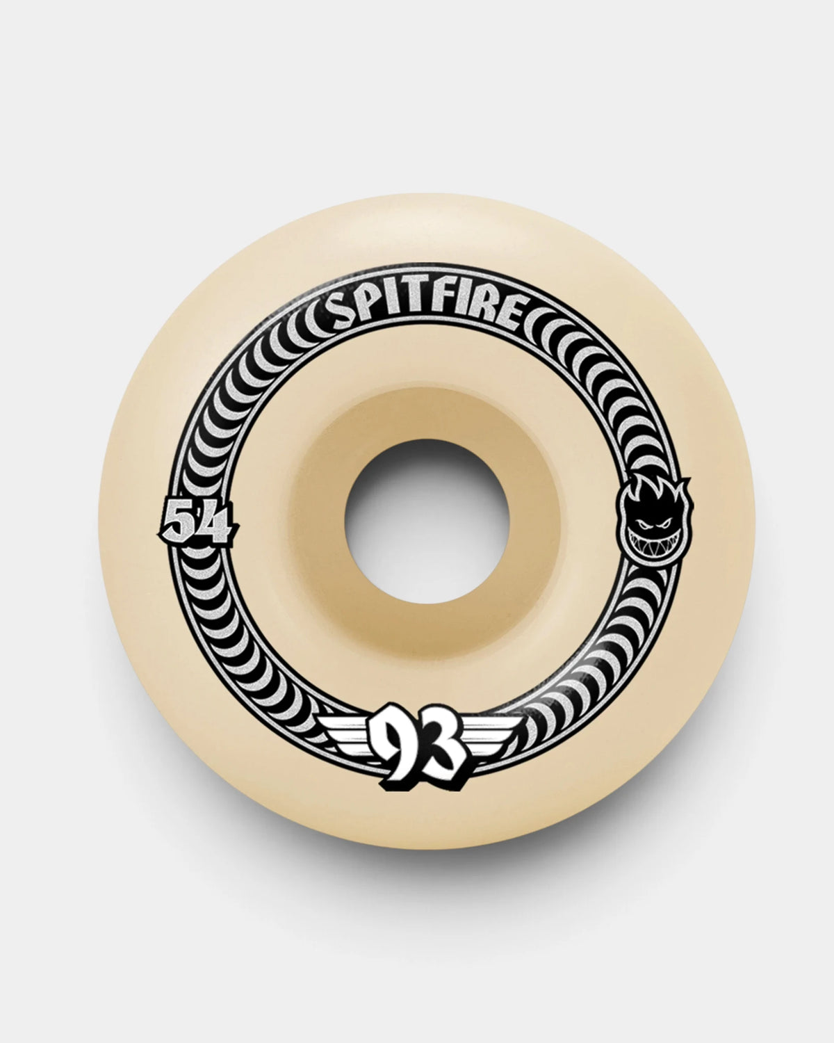 Spitfire Soft Sliders Formula Four Classic wheel in natural urethane with a black and white swirl ring, the Spitfire head logo and 93 on the face