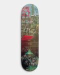 Lockwood Avenue The Loose Company Poker 8.125 inch skateboard deck with a painted street scene above a card table scene in muted green and red