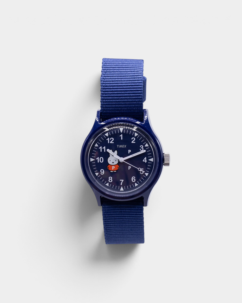 Timex x Pop Trading Company x Miffy MK1 36mm watch in navy, close up of the dial and the navy nylon strap