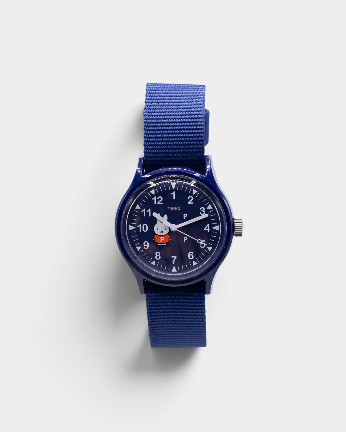 Timex x Pop Trading Company x Miffy MK1 36mm watch in navy, close up of the dial and the navy nylon strap