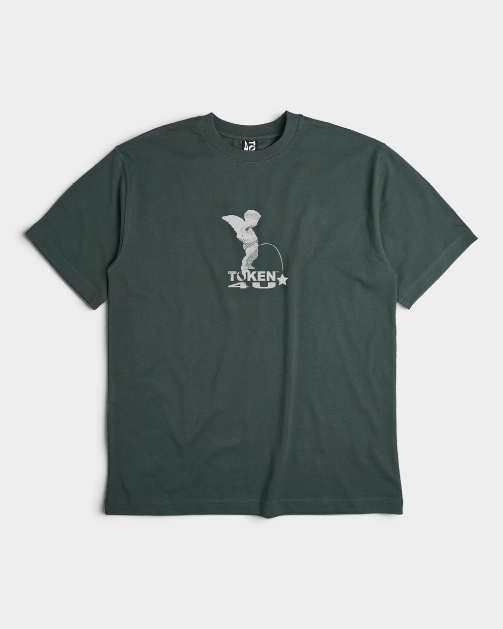 Lockwood Avenue Token Angelic t-shirt in midnight green with a pale winged cherub print, front view laid flat