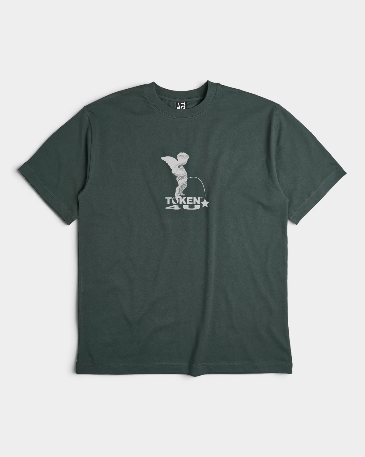 Lockwood Avenue Token Angelic t-shirt in midnight green with a pale winged cherub print, front view laid flat