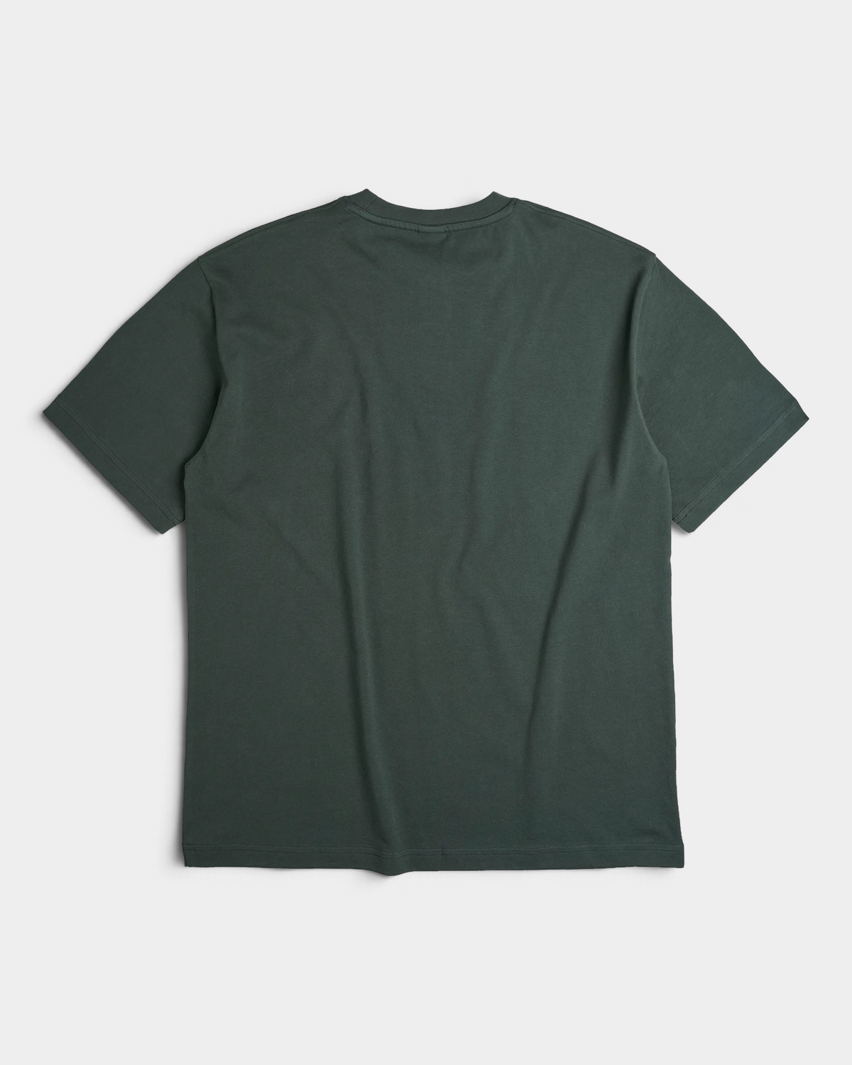 Lockwood Avenue Token Angelic t-shirt in midnight green with a pale winged cherub print, back view laid flat, plain
