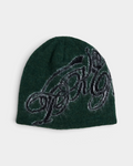 Lockwood Avenue Token Bae beanie in dark green with a dark jacquard scribble pattern, front view