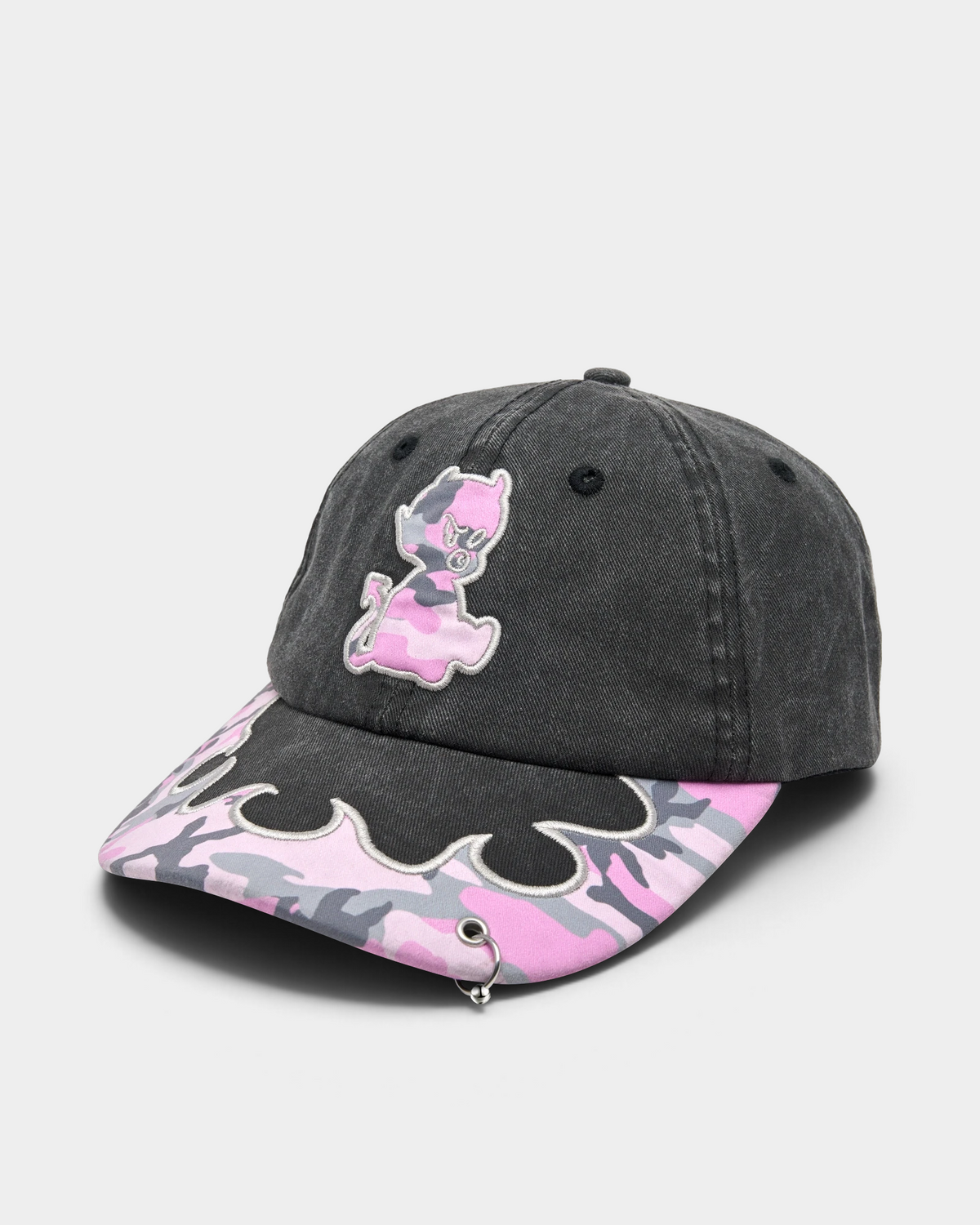 Lockwood Avenue Token Bae cap in washed black with a pink camo brim and a pink embroidered patch, angled front view