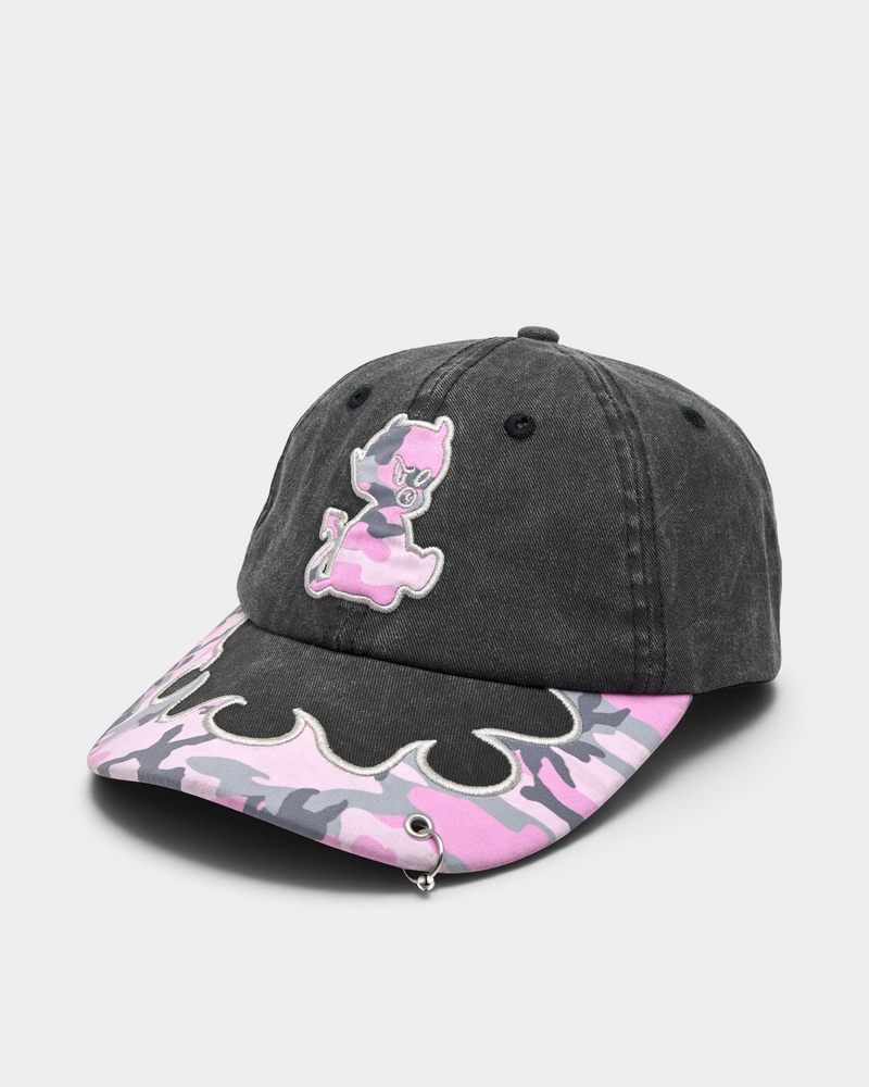 Lockwood Avenue Token Bae cap in washed black with a pink camo brim and a pink embroidered patch, angled front view