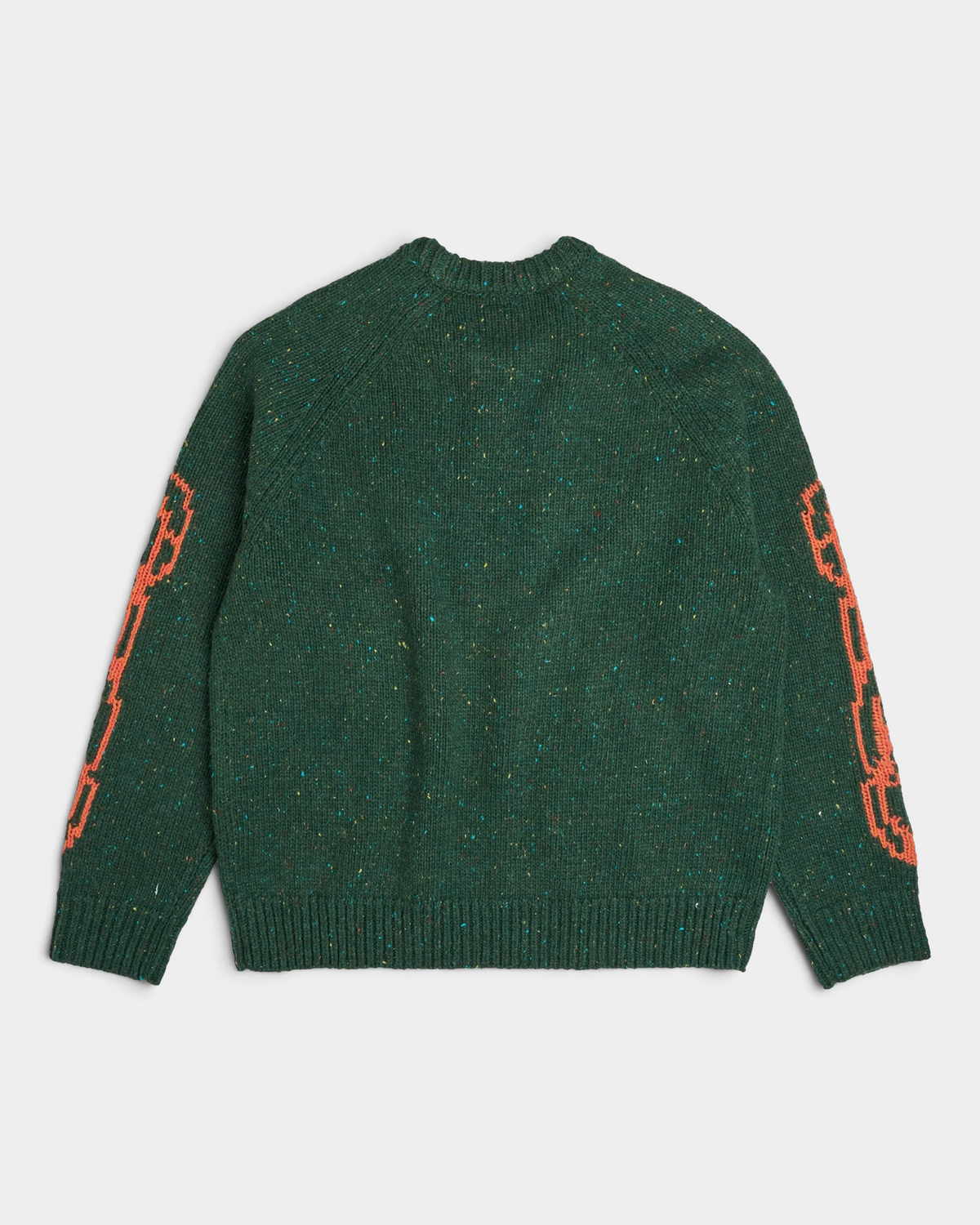 Lockwood Avenue Token Chains sweater, a flecked dark green chunky knit with orange chain jacquard on the sleeves, back view laid flat, with the chain design on both sleeves