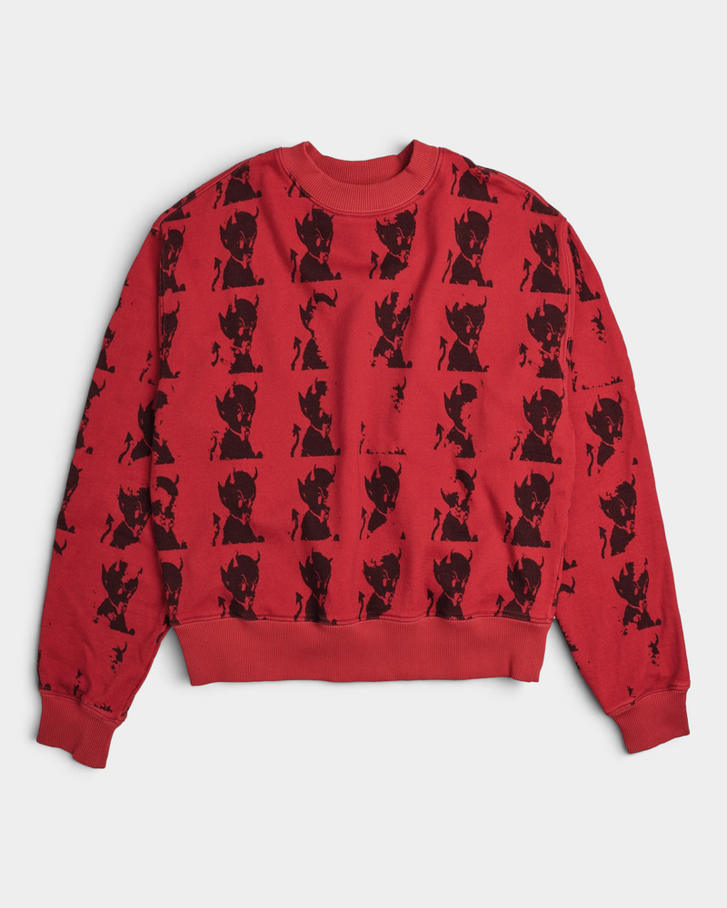 Lockwood Avenue Token Layback crewneck sweatshirt in red with an all-over black devil print, front view laid flat