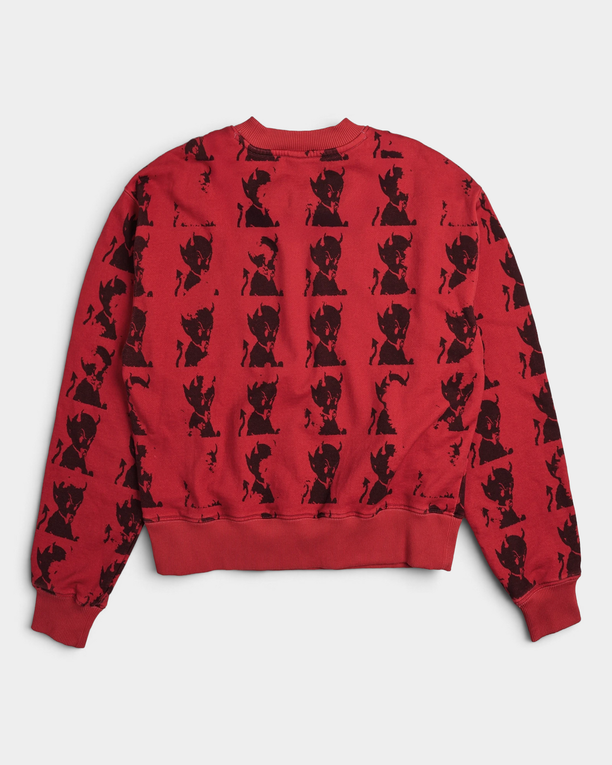 Lockwood Avenue Token Layback crewneck sweatshirt in red with an all-over black devil print, back view laid flat