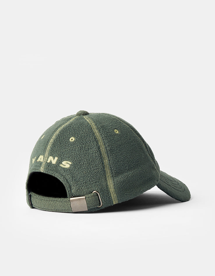 Vans Doren Curved Bill Jockey Cap in Pine Forest green, back view showing VANS embroidered in cream across the back panel and the adjustable strap with a metal slide buckle