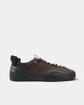 Village PM 1PM Leather Suede Shoes in Chocolate/Natural Black: a single shoe seen side on, toe to the right. A chocolate brown suede low-top skate shoe on a natural black gum outsole.