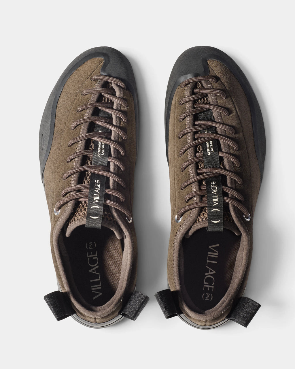 Village PM 1PM Leather Suede Shoes in Chocolate/Natural Black: the pair seen from directly above, toes up, showing the lacing and the tongue. A chocolate brown suede low-top skate shoe on a natural black gum outsole.