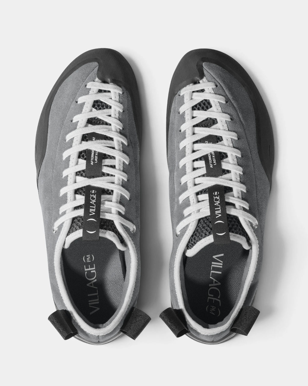 Village PM 1PM Leather Suede Shoes in Grey/Natural Black: the pair seen from directly above, toes up, showing the lacing and the tongue. A grey leather and suede low-top skate shoe on a natural black gum outsole.