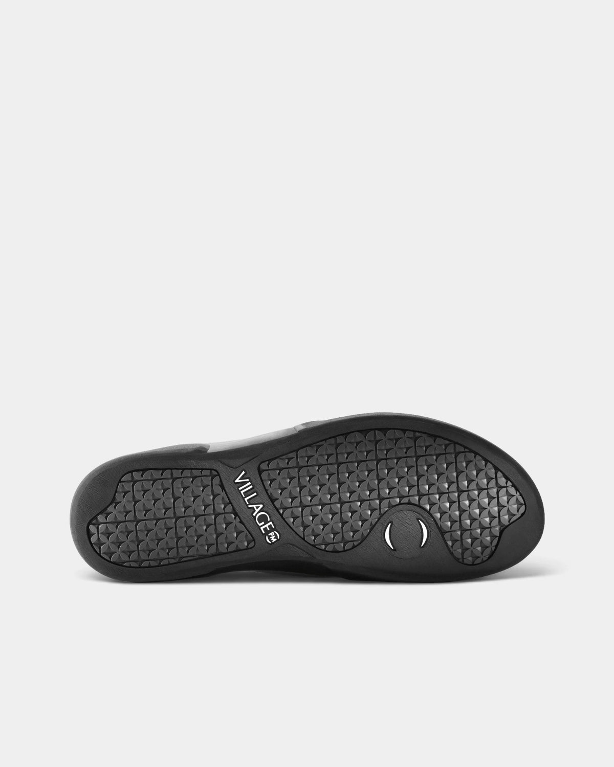 Village PM 1PM Leather Suede Shoes in Grey/Natural Black: the outsole seen from below, showing the tread pattern. A grey leather and suede low-top skate shoe on a natural black gum outsole.