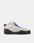 Village PM 1PM MID Leather Suede Shoes in Cream-Blue/Natural Black: a single shoe seen side on from the outer side, toe to the right. A cream and blue leather and suede mid-top skate shoe on a natural black gum outsole.