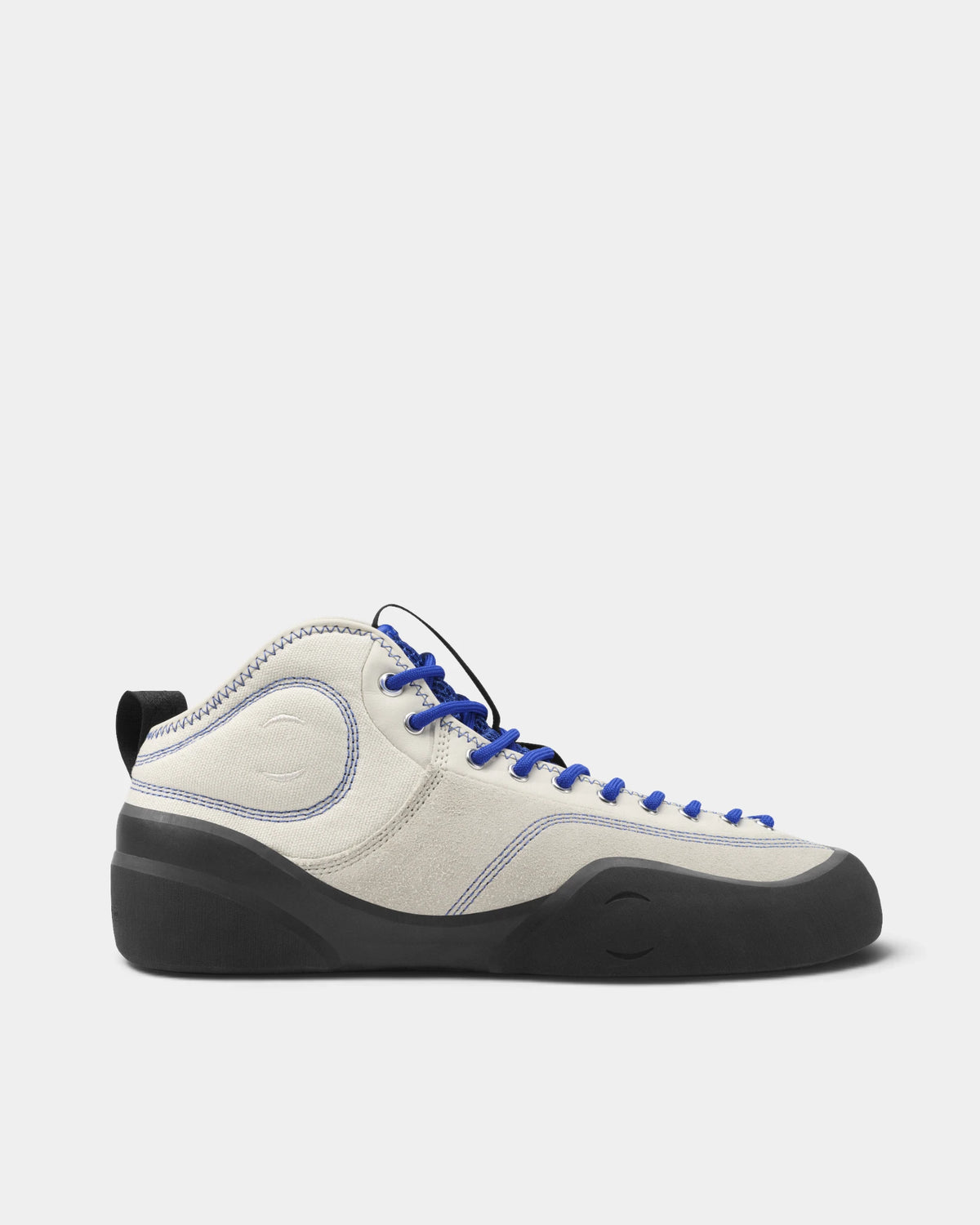 Village PM 1PM MID Leather Suede Shoes in Cream-Blue/Natural Black: a single shoe seen side on from the outer side, toe to the right. A cream and blue leather and suede mid-top skate shoe on a natural black gum outsole.